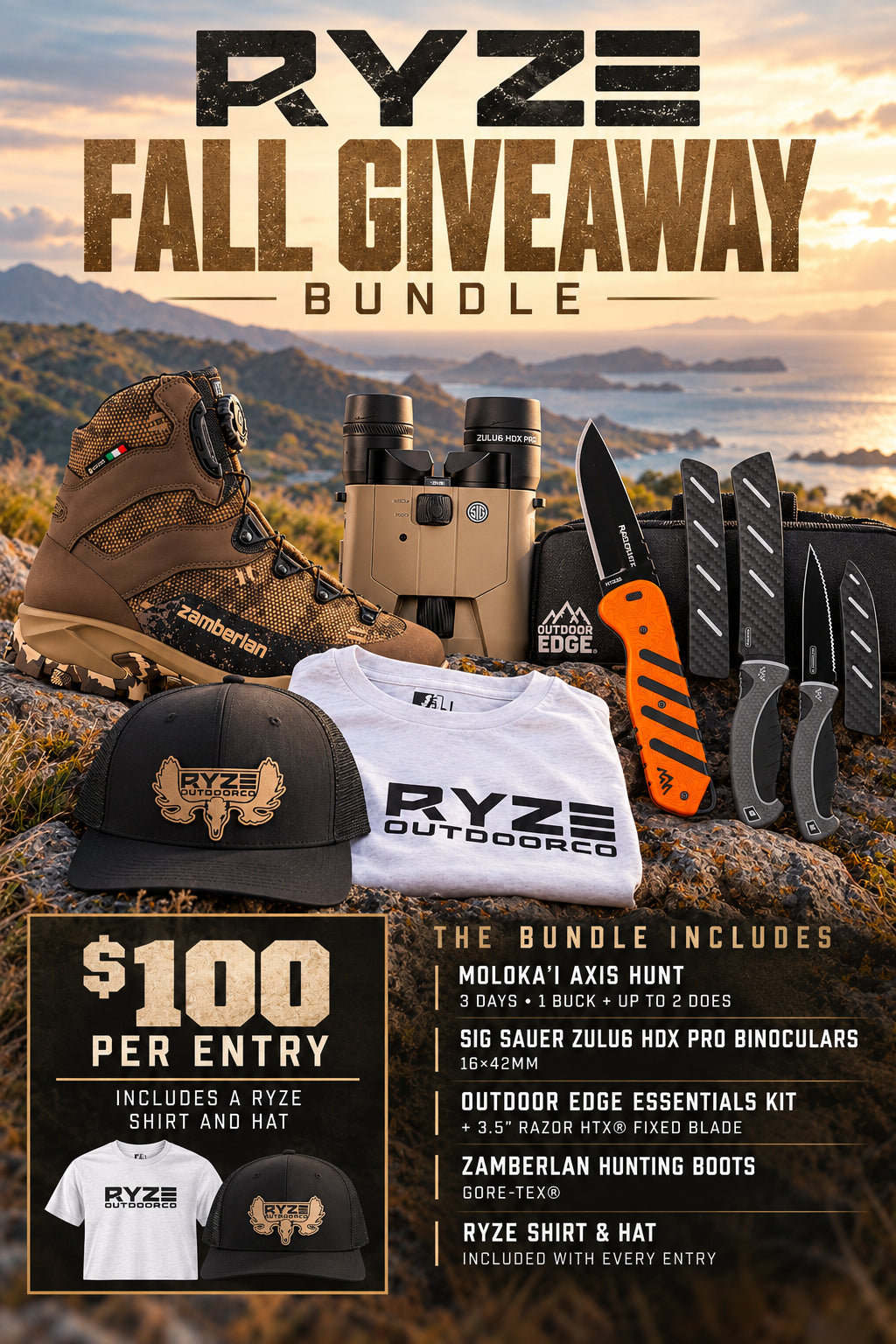 ALL Giveaway RYZE Fall BUNDLE - AXIS Hunt, Sig Binos, Zamberlan Boots, Outdoor Edge Knife Set